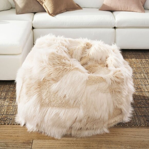 POTTERY BARN Mongolian Patchwork Faux Fur Bean Bag in Ivory NWT - Picture 2 of 8